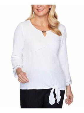 Alfred Dunner 3/4 Sleeve Top Sz Medium White Gauze Fringe Sleeve New